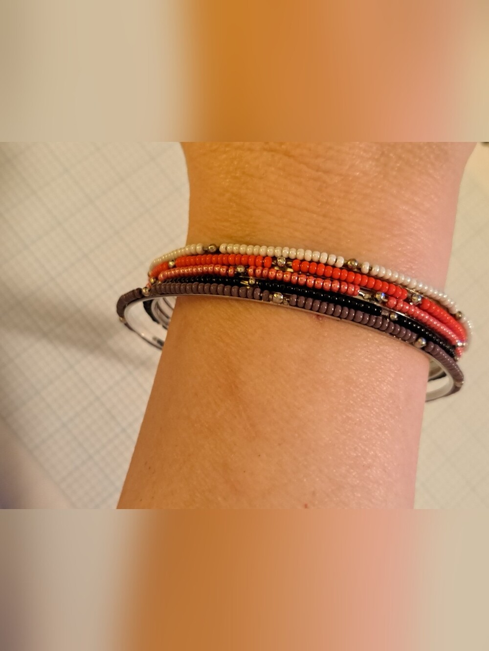 Multi-colored Bangle Bracelet Set Of 5 - Brown, Black, Pink, White, Red, Silver